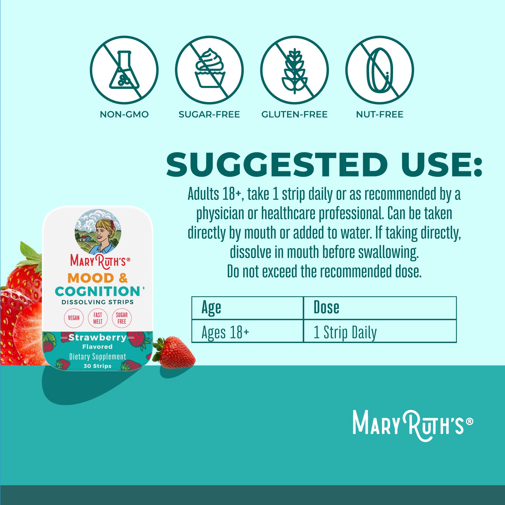 MaryRuth's strawberry-flavor dissolving strip with pleasant taste for daily use.