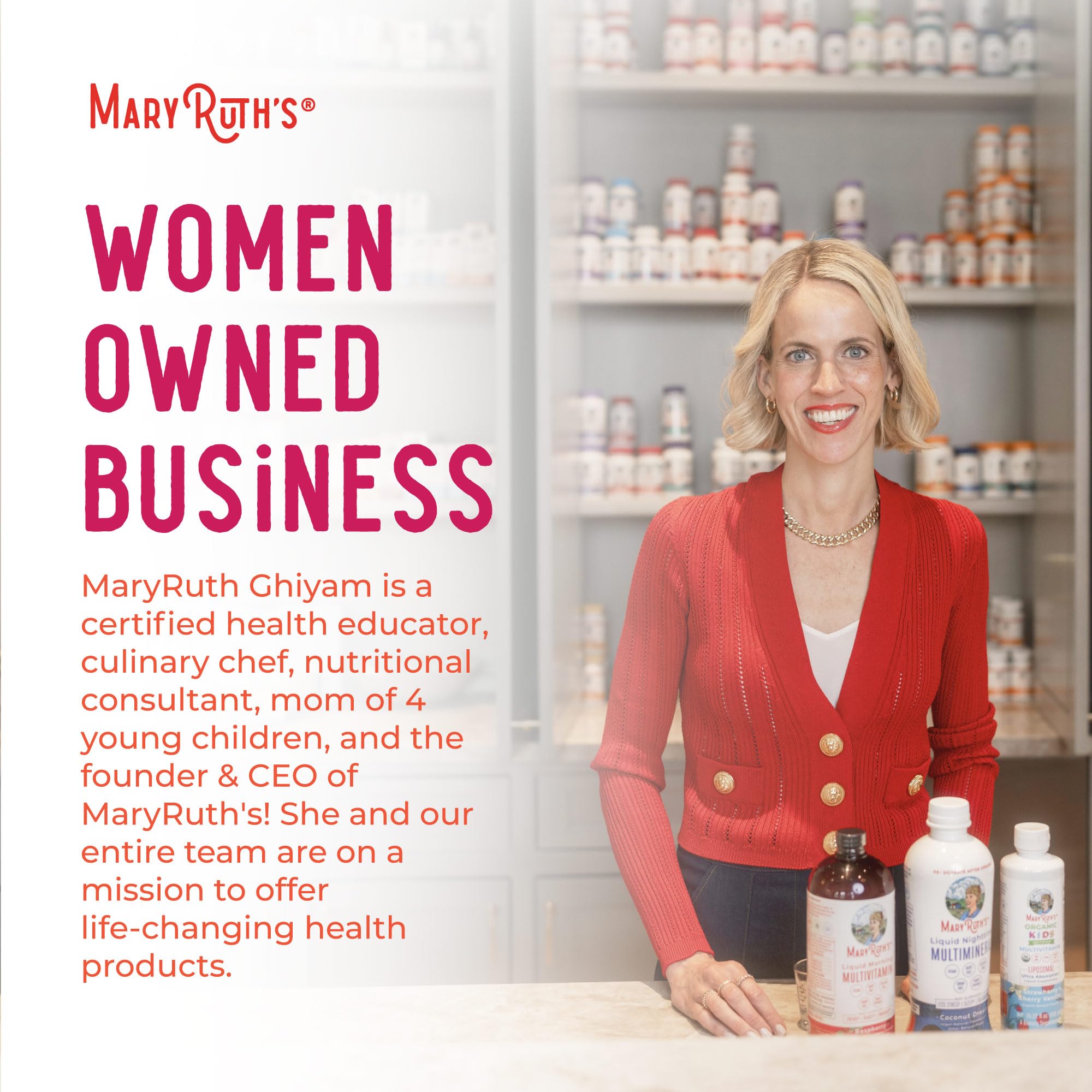 Brand image of a woman-owned MaryRuth's probiotic line conveys trust and accessibility.