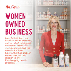 Brand image of a woman-owned MaryRuth's probiotic line conveys trust and accessibility.