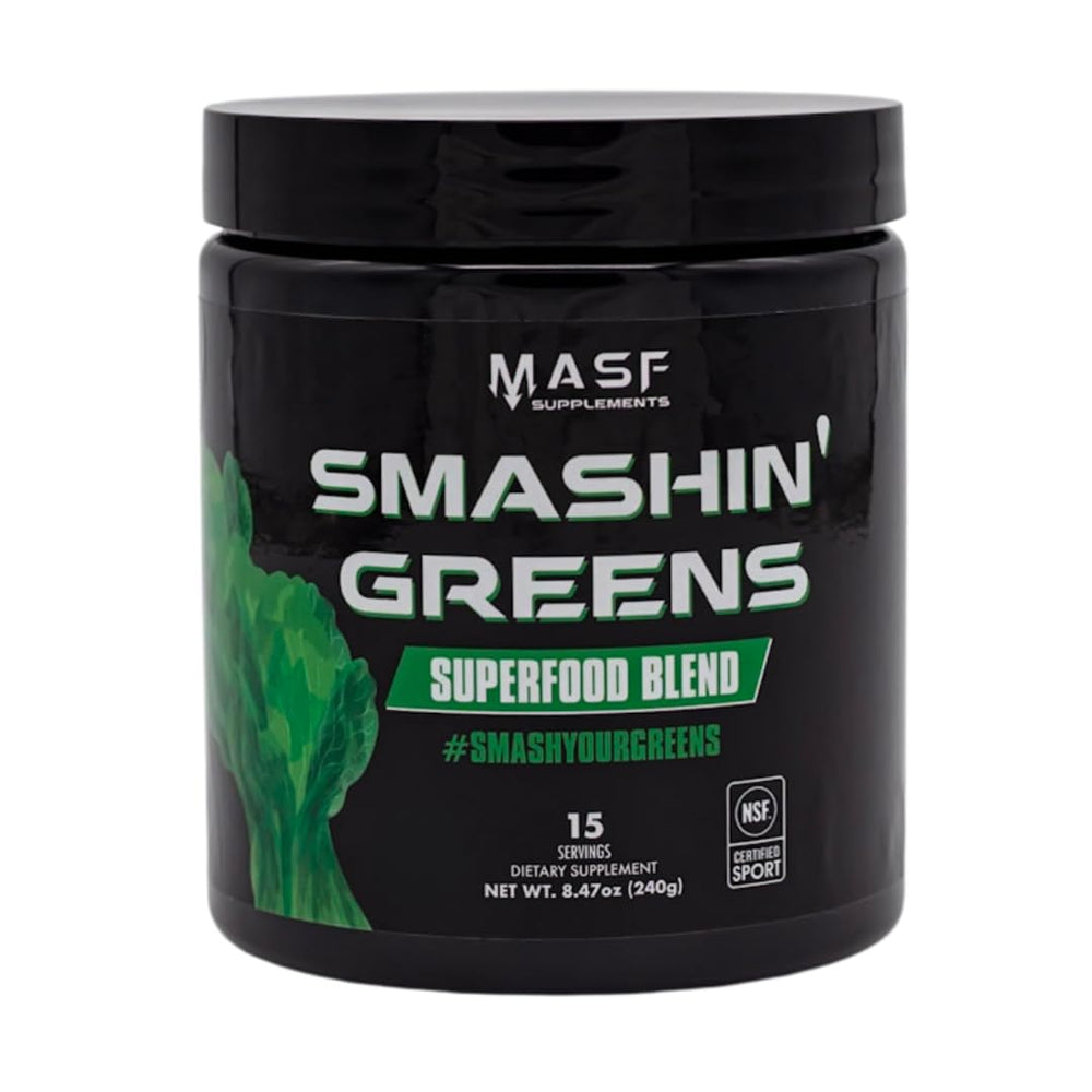 MASF Smashin' Greens bottle pour showing easy daily energy support.