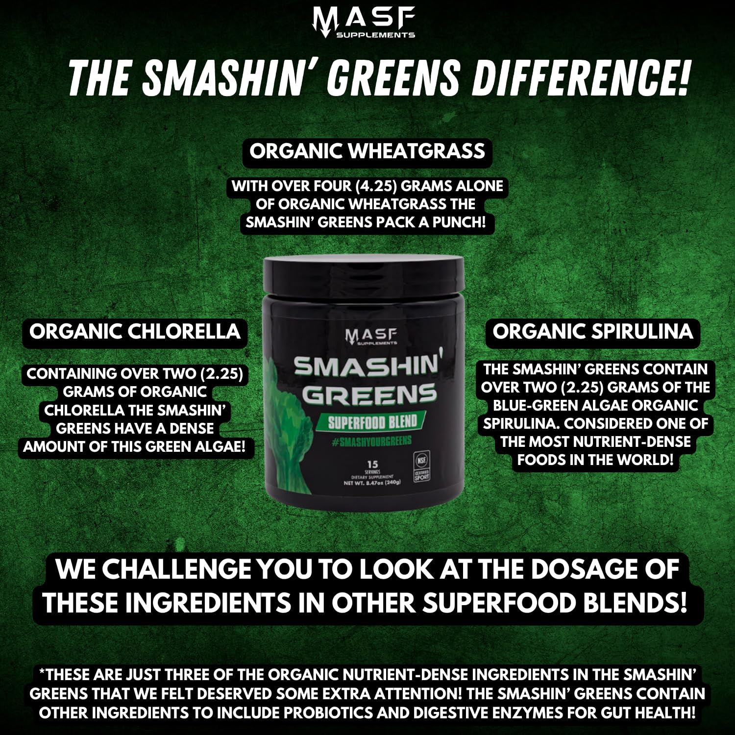 MASF Smashin' Greens chlorella powder close-up highlights plant-based nutrient support.