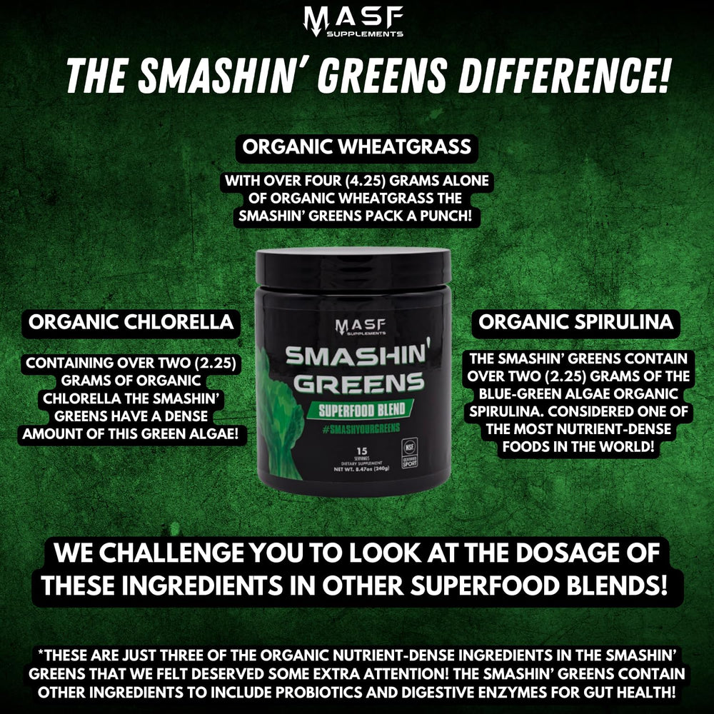 MASF Smashin' Greens chlorella powder close-up highlights plant-based nutrient support.