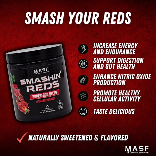 MASF Smashin' Reds beet root base bottle highlights a nitric-oxide–friendly blend for training.