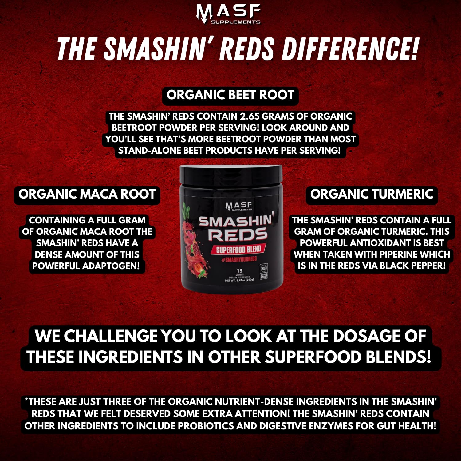 MASF Smashin' Reds maca-turmeric-ginger blend close-up suggests immune-supporting wellness.
