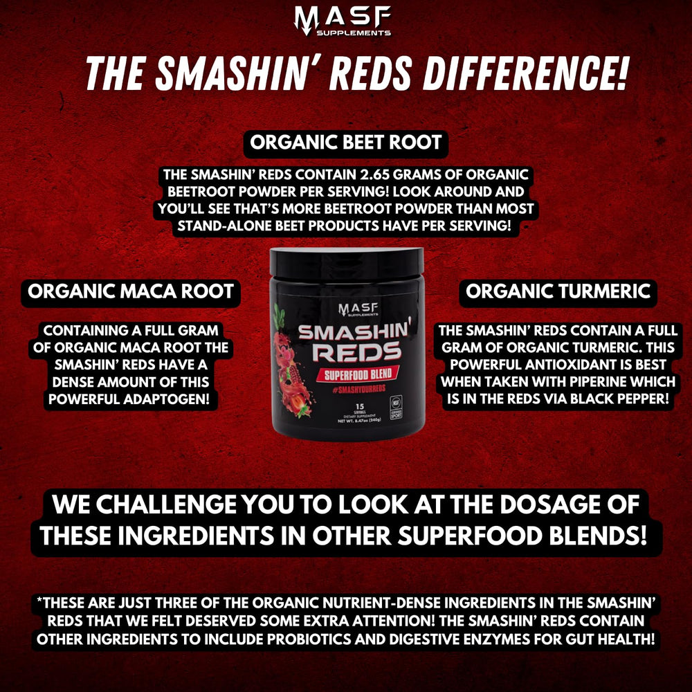 MASF Smashin' Reds maca-turmeric-ginger blend close-up suggests immune-supporting wellness.