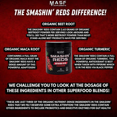 MASF Smashin' Reds maca-turmeric-ginger blend close-up suggests immune-supporting wellness.