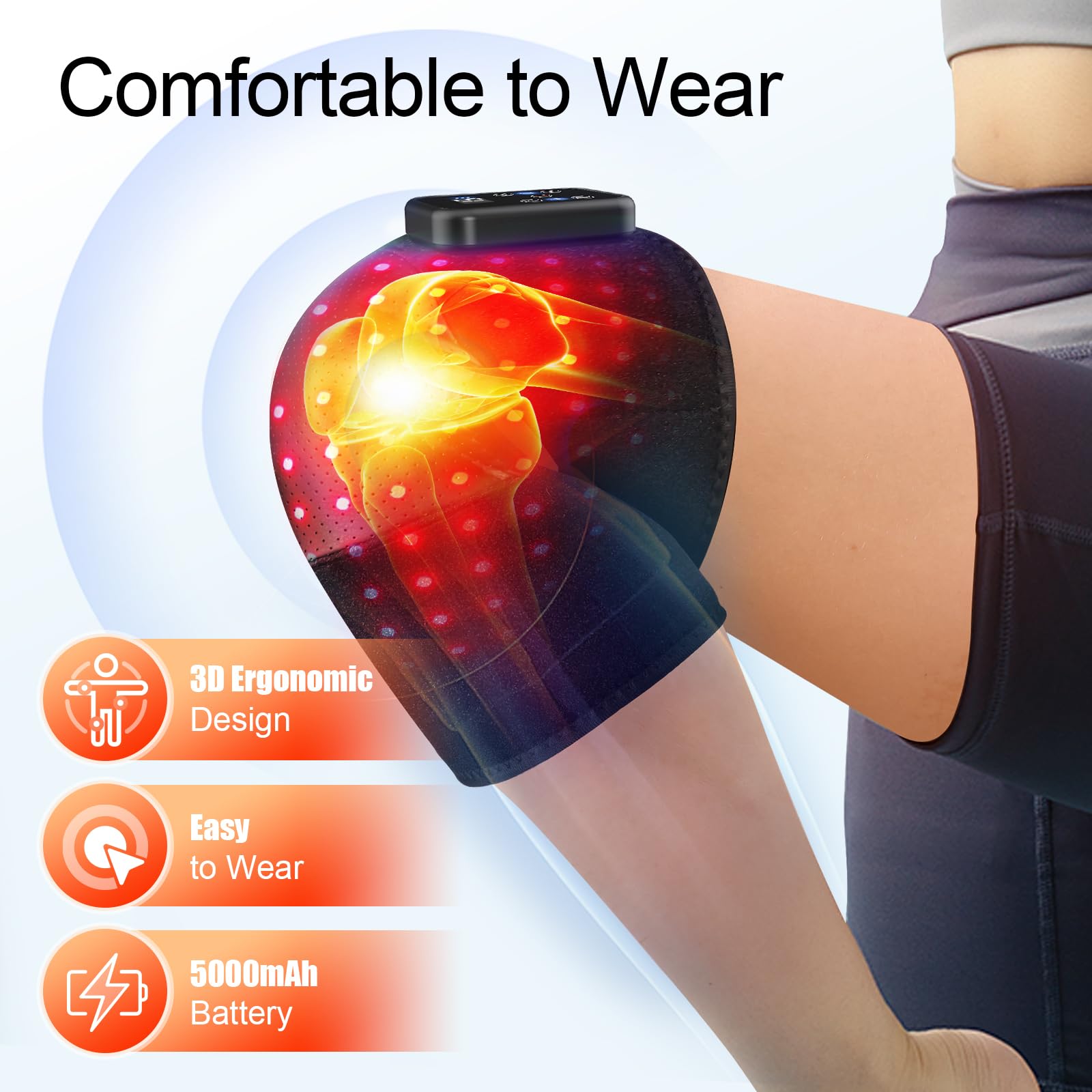 MASGRE knee wrap closeup shows heat and vibration for targeted relief