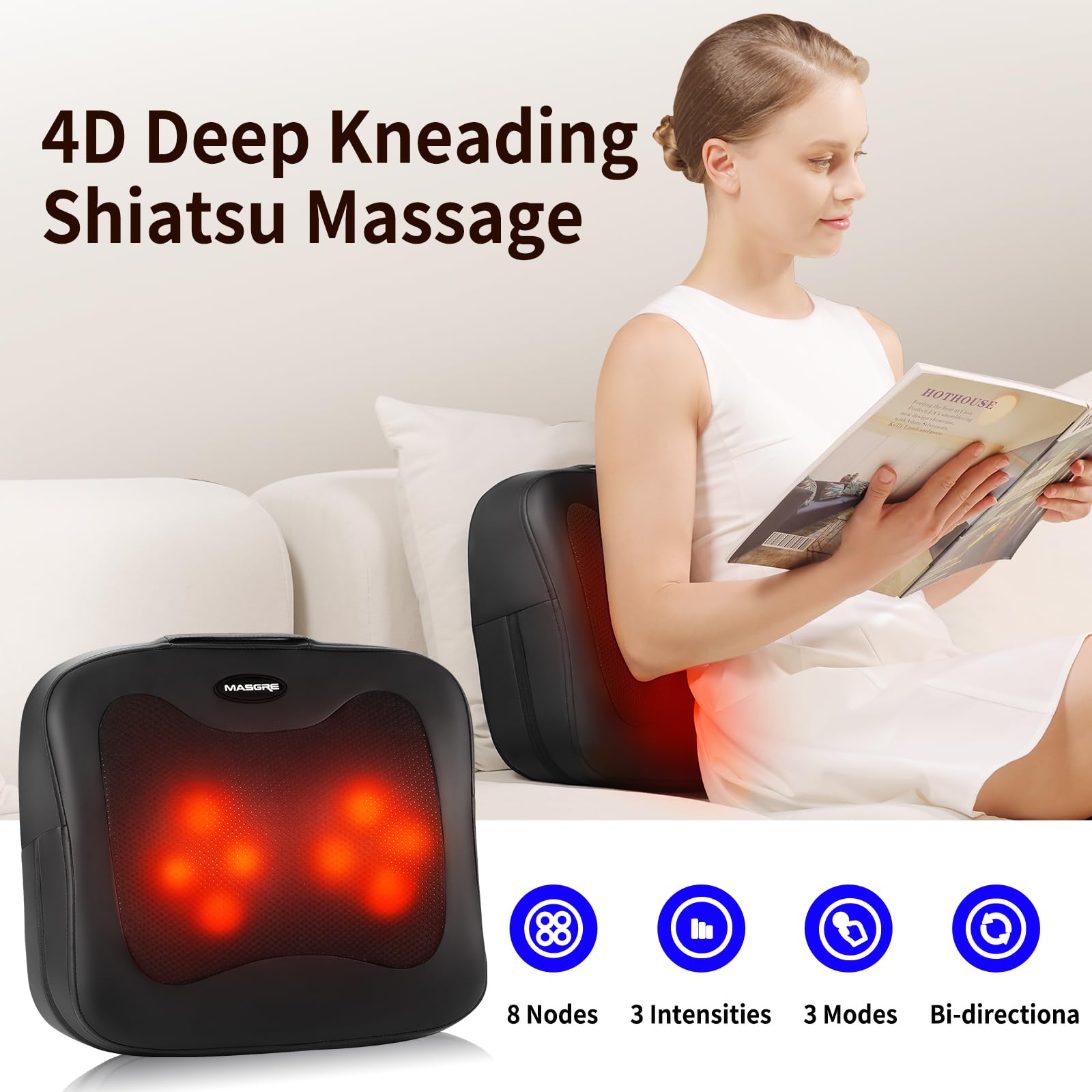 MASGRE shiatsu nodes targeting back and shoulders for fatigue relief.