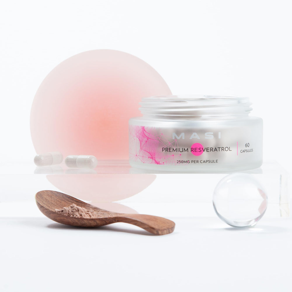 MASI Resveratrol bottle with a glass of water for daily intake