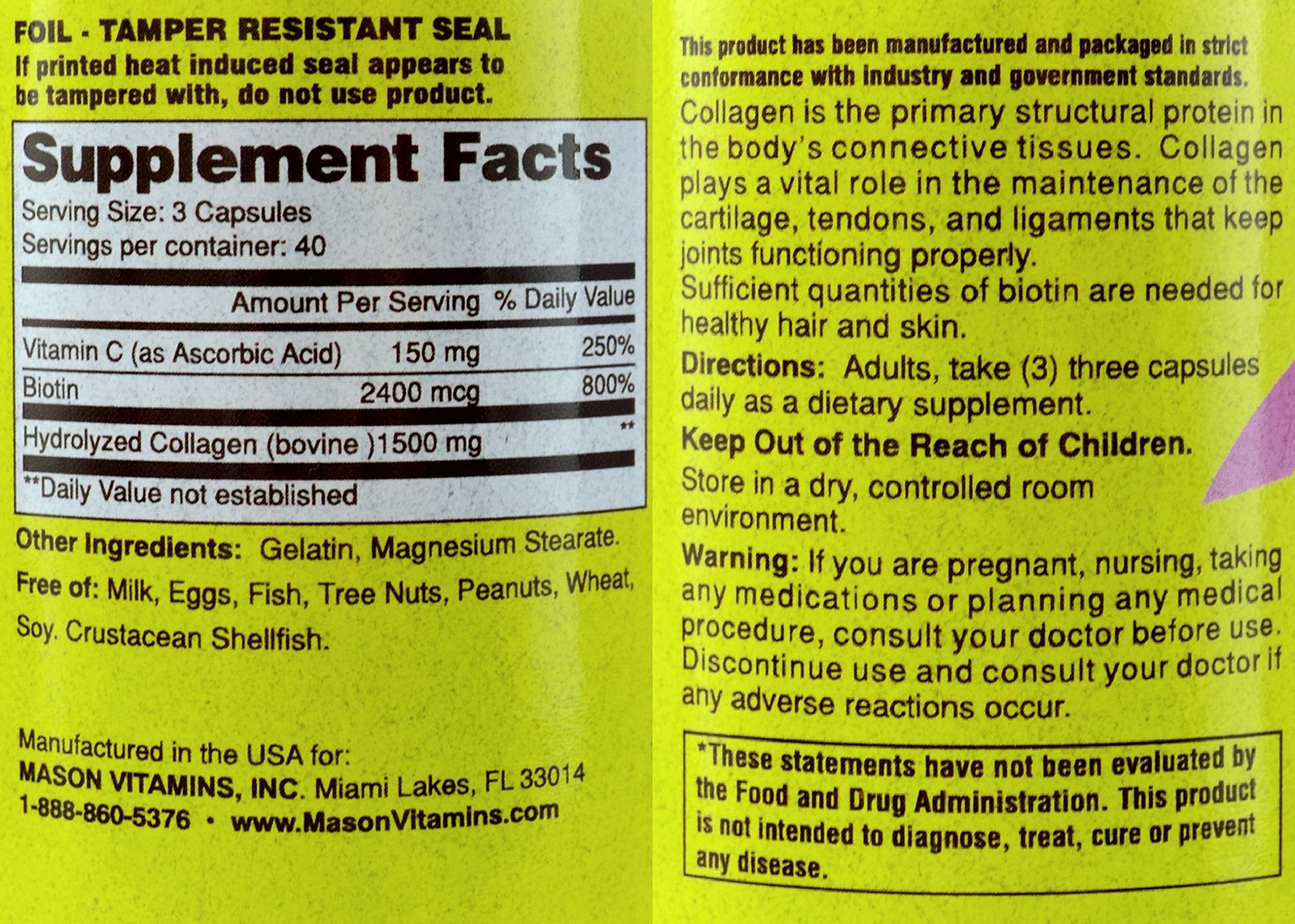 Mason Natural Collagen plus Vitamin C label close-up showing ingredients for skin support