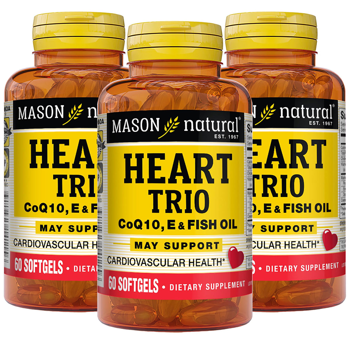 Mason Natural Heart Trio bottle front with CoQ10, vitamin E, and fish oil for daily heart support.