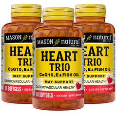 Mason Natural Heart Trio bottle front with CoQ10, vitamin E, and fish oil for daily heart support.