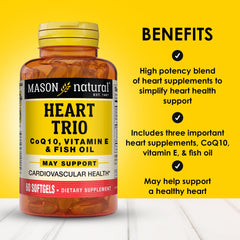 Mason Natural Heart Trio bottle side highlighting convenient daily dosage with two softgels.