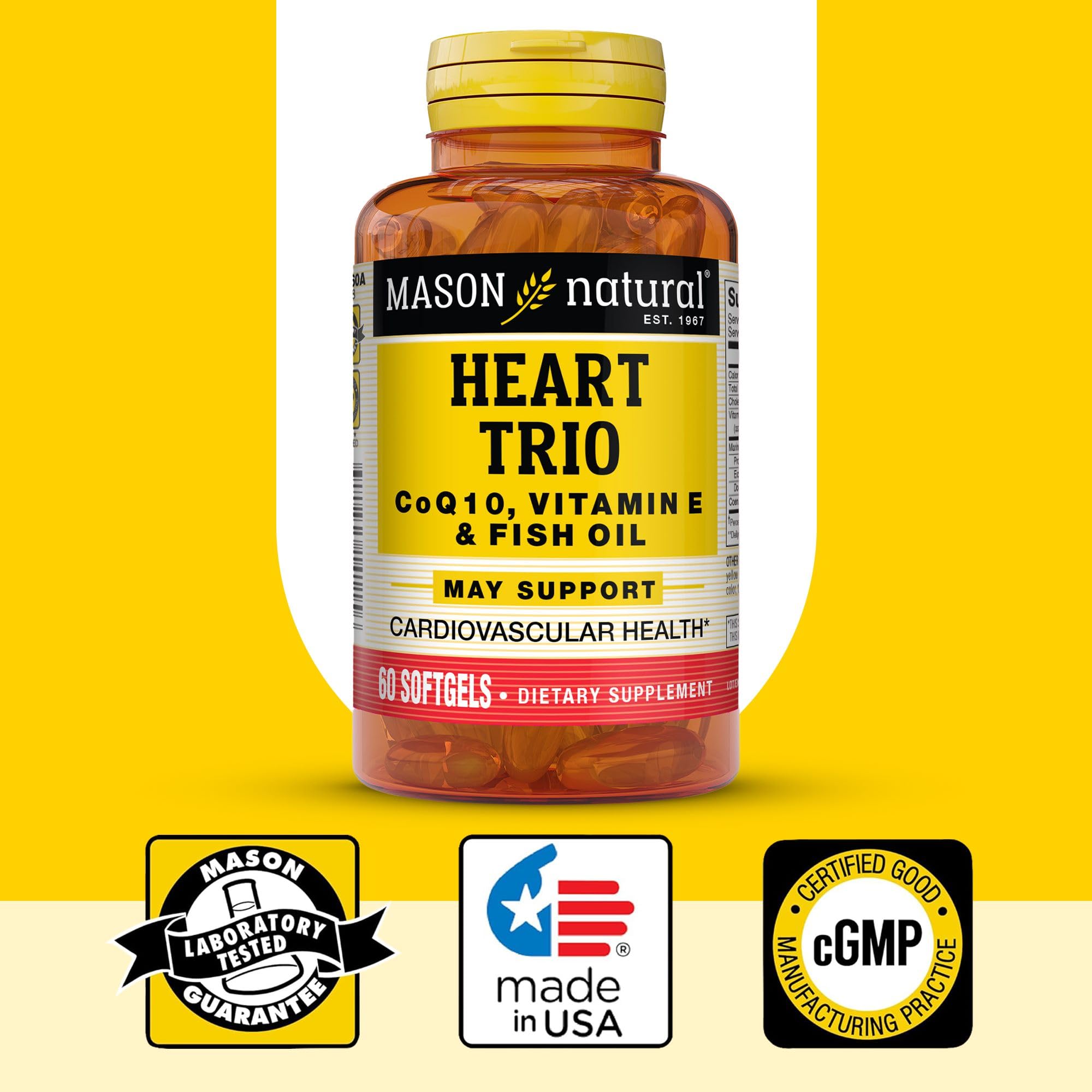 Mason Natural Heart Trio three-month supply box with EPA and DHA omega-3 notes.