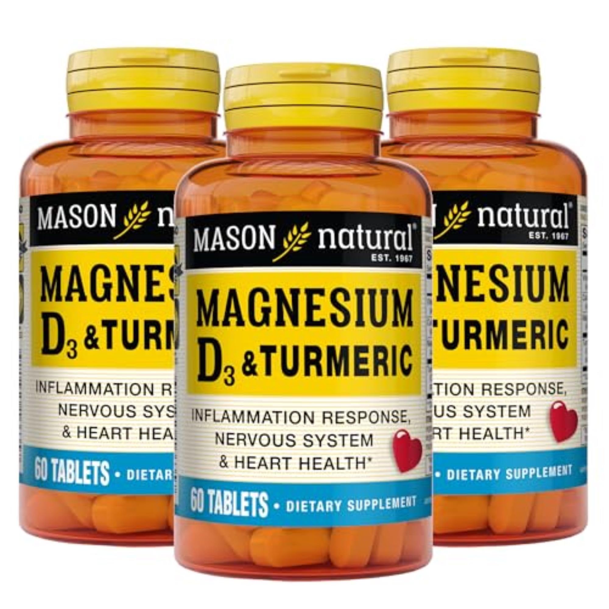Mason Natural magnesium and vitamin D3 turmeric bottle illustrating daily wellness support.