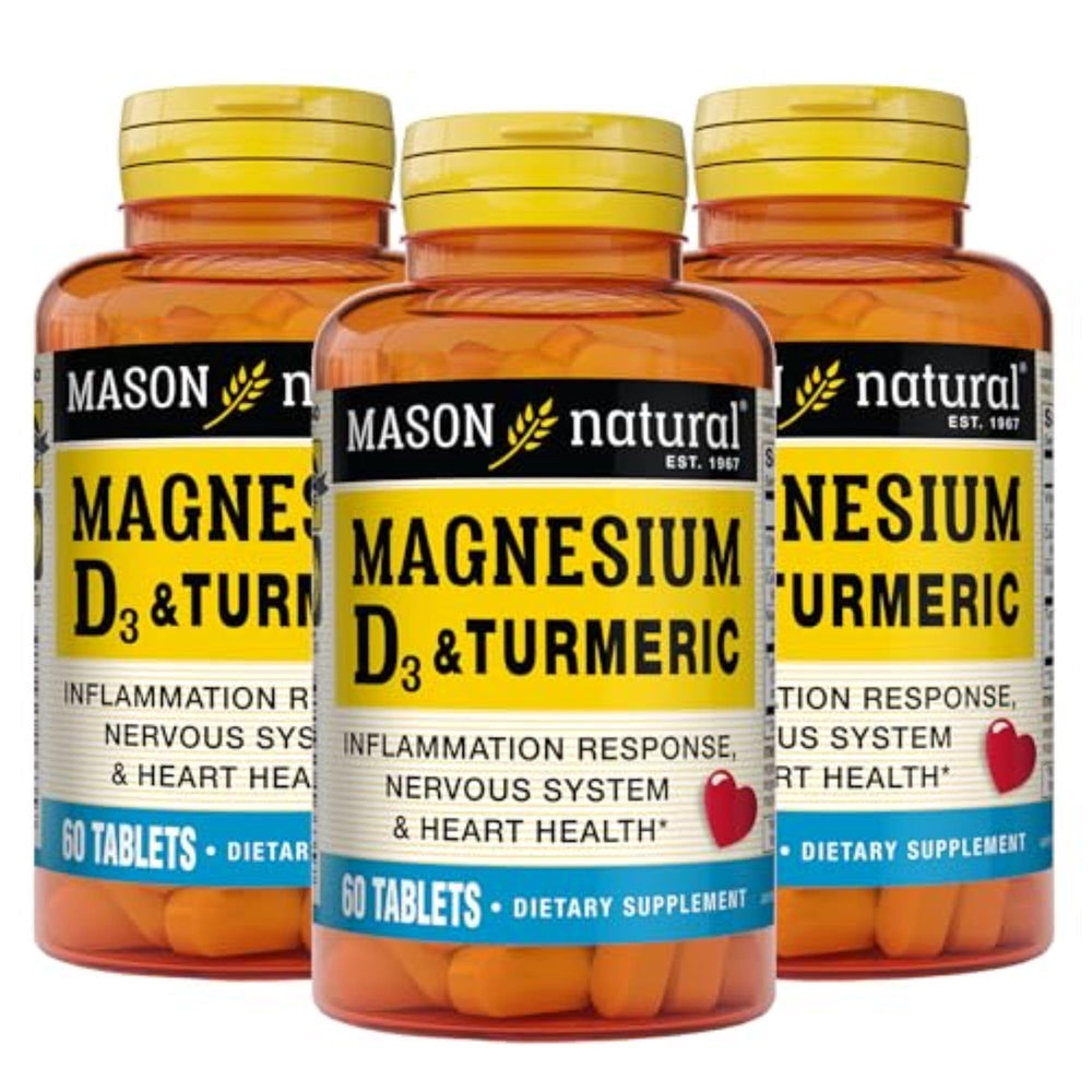 Mason Natural magnesium and vitamin D3 turmeric bottle illustrating daily wellness support.