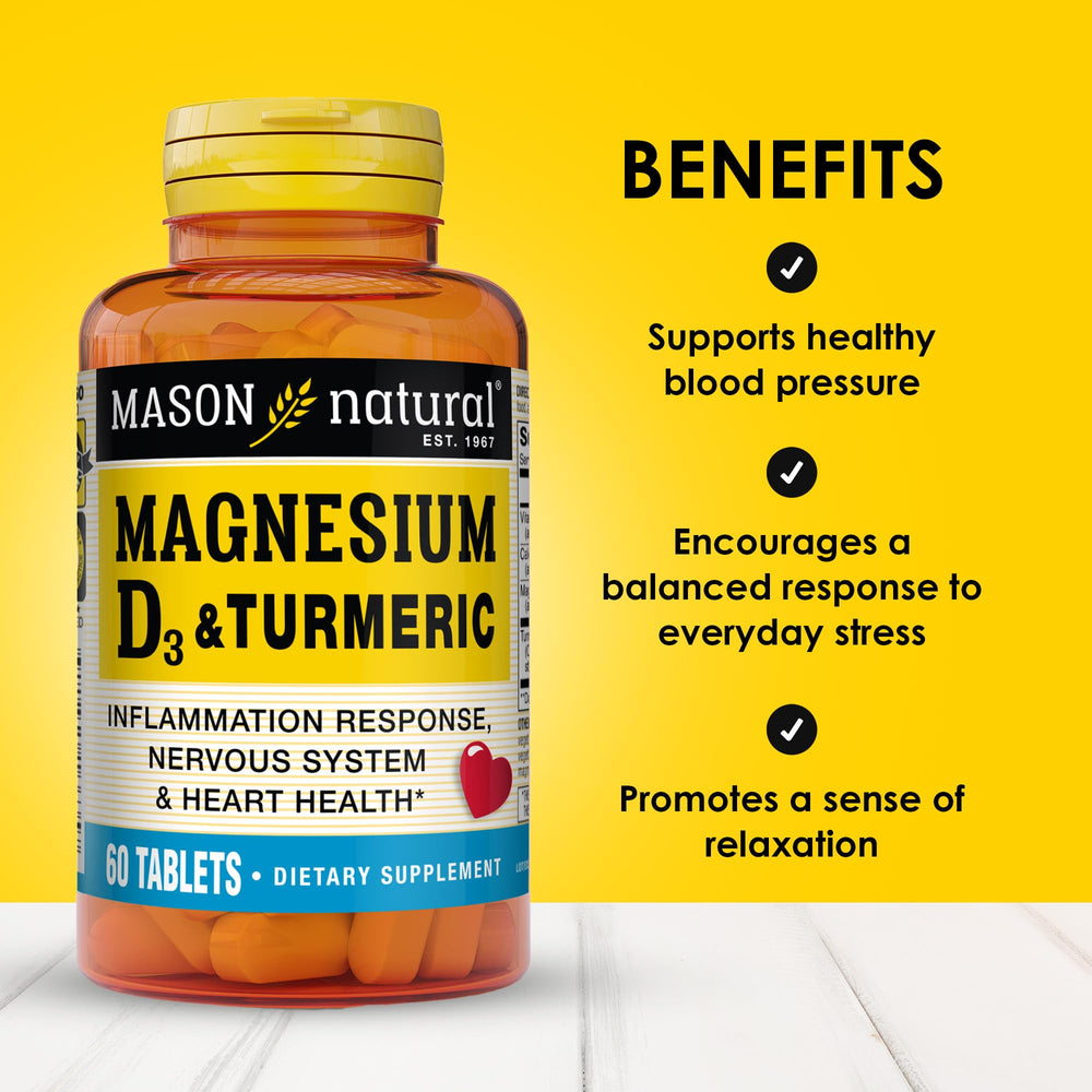 Close-up of Mason Natural tablets showing the magnesium-turmeric blend for daily use.