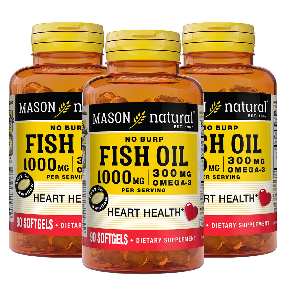 Mason Natural Omega-3 bottle front shows the trusted brand and 1000 mg per serving.
