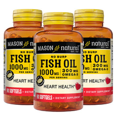 Mason Natural Omega-3 bottle front shows the trusted brand and 1000 mg per serving.