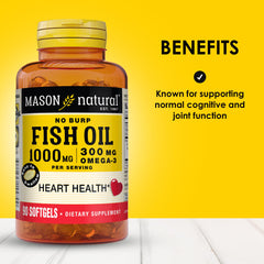 Mason Natural Omega-3 softgels pouring from the bottle suggest easy, burp-free daily use.