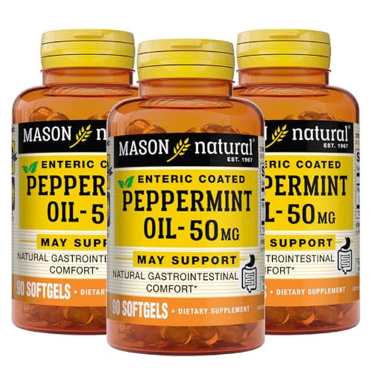 Mason Natural peppermint oil softgel bottle highlighting enteric-coated capsules for smoother digestion.