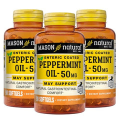 Mason Natural peppermint oil softgel bottle highlighting enteric-coated capsules for smoother digestion.