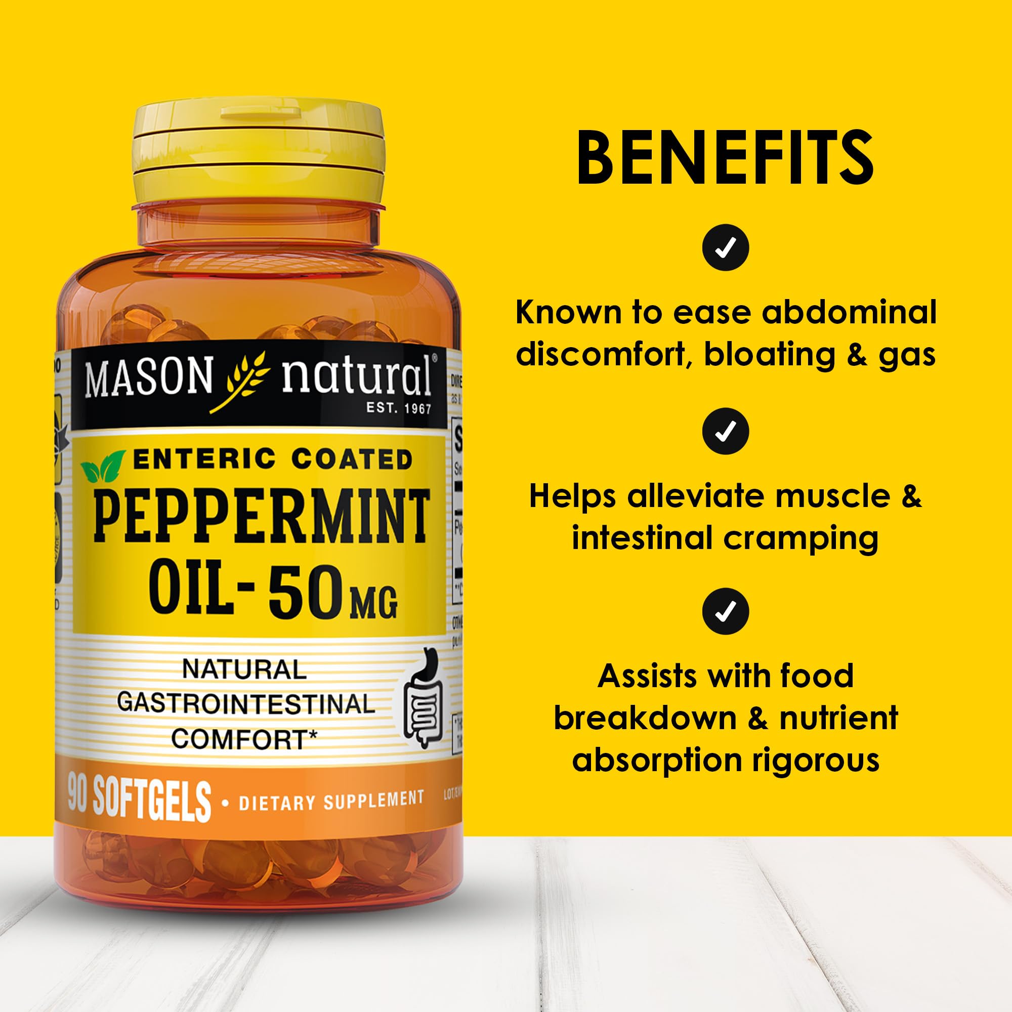 Mason Natural peppermint oil softgel closeup shows capsule texture for fast intestinal release.