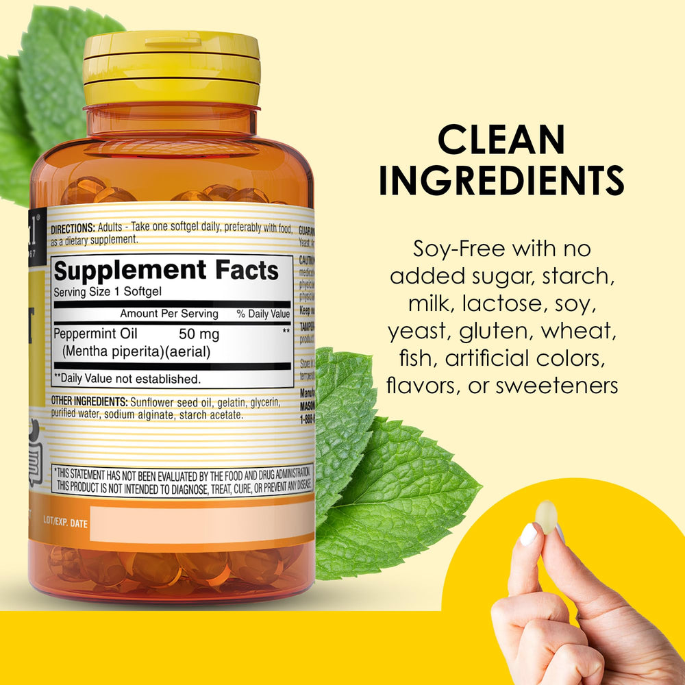 Mason Natural peppermint oil softgel swallow demonstrates easy daily use.