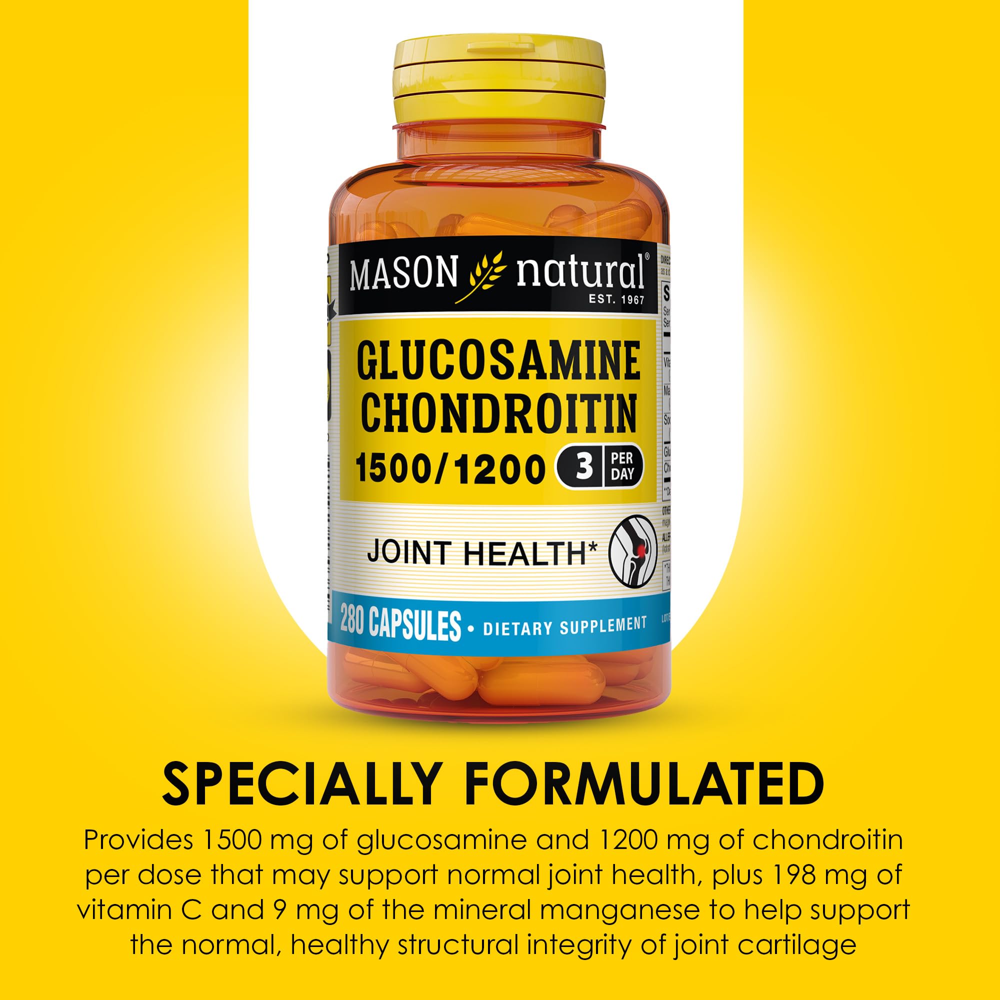 Transparent supplement facts label on Mason Natural bottle
