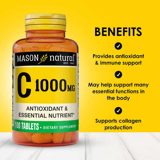 Mason Natural Vitamin C 1000 mg tablets displayed for antioxidant support