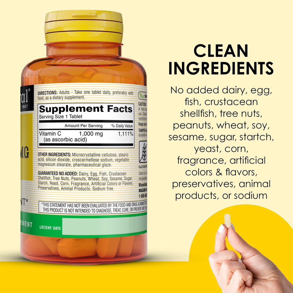 Mason Natural Vitamin C bottle close-up with cap for easy daily dose