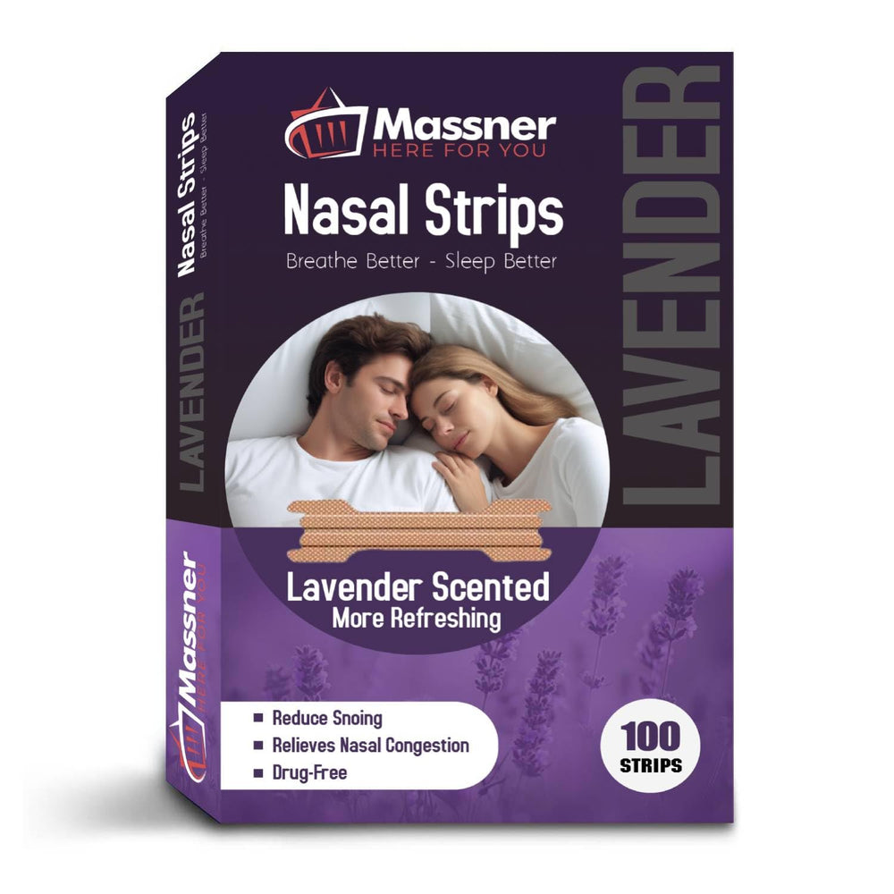 Massner Lavender Nasal Strips pack shown for easy nightly use and improved breathing.