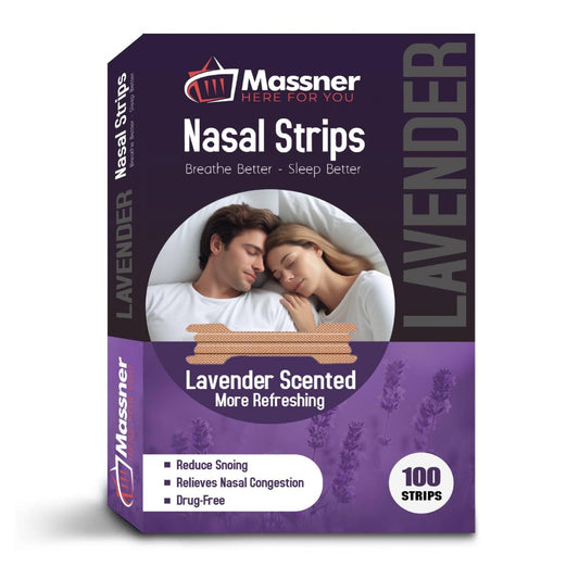 Massner Lavender Nasal Strips pack shown for easy nightly use and improved breathing.