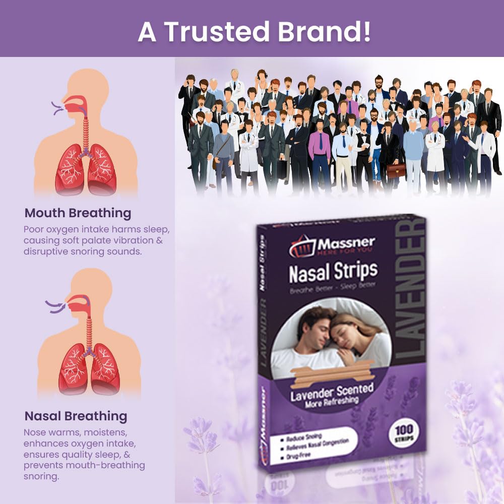 Massner Lavender Nasal Strips strip arrangement displays a 100-count pack and savings.