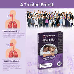Massner Lavender Nasal Strips strip arrangement displays a 100-count pack and savings.