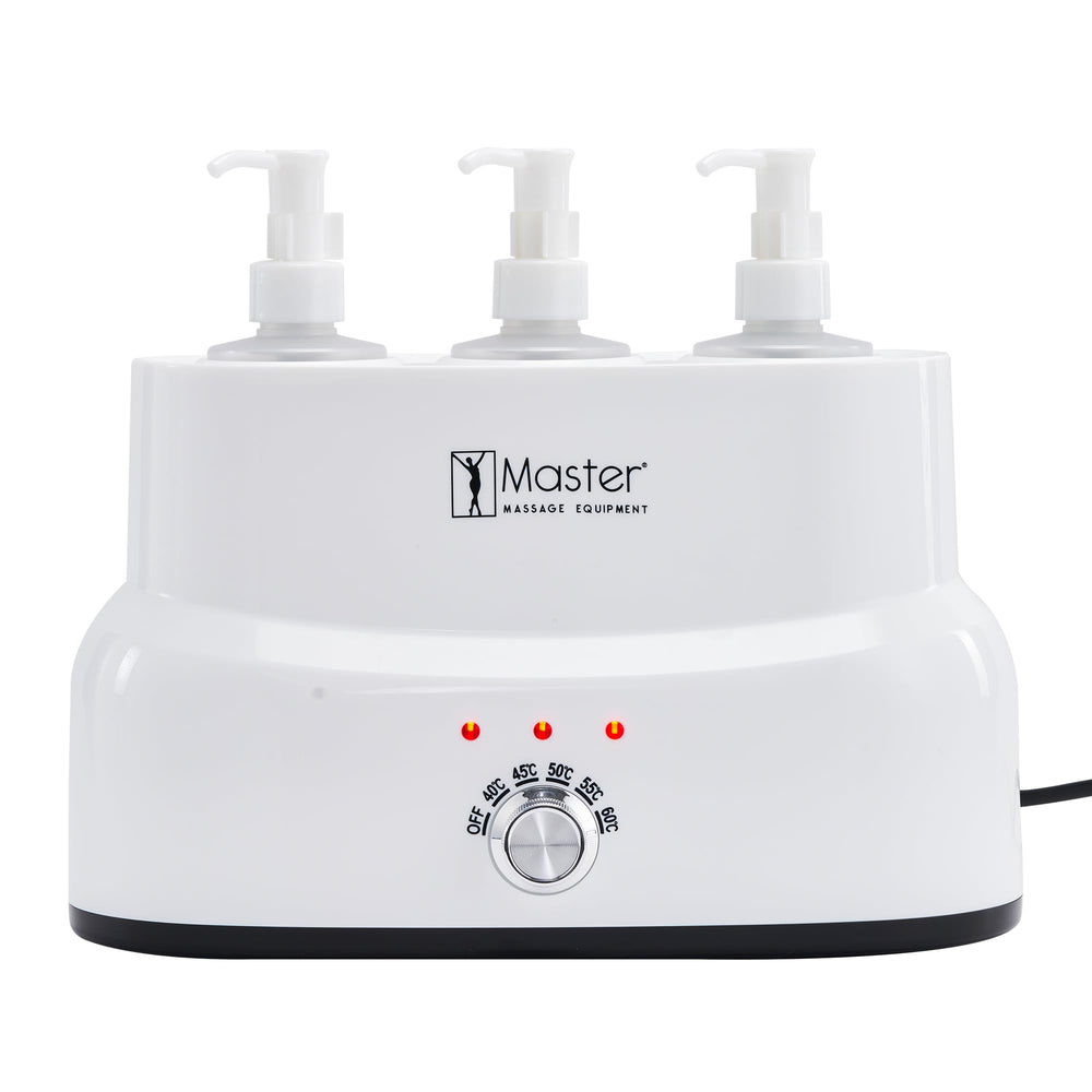 Master Massage 3-bottle oil warmer front view, compact design for busy spa setups.