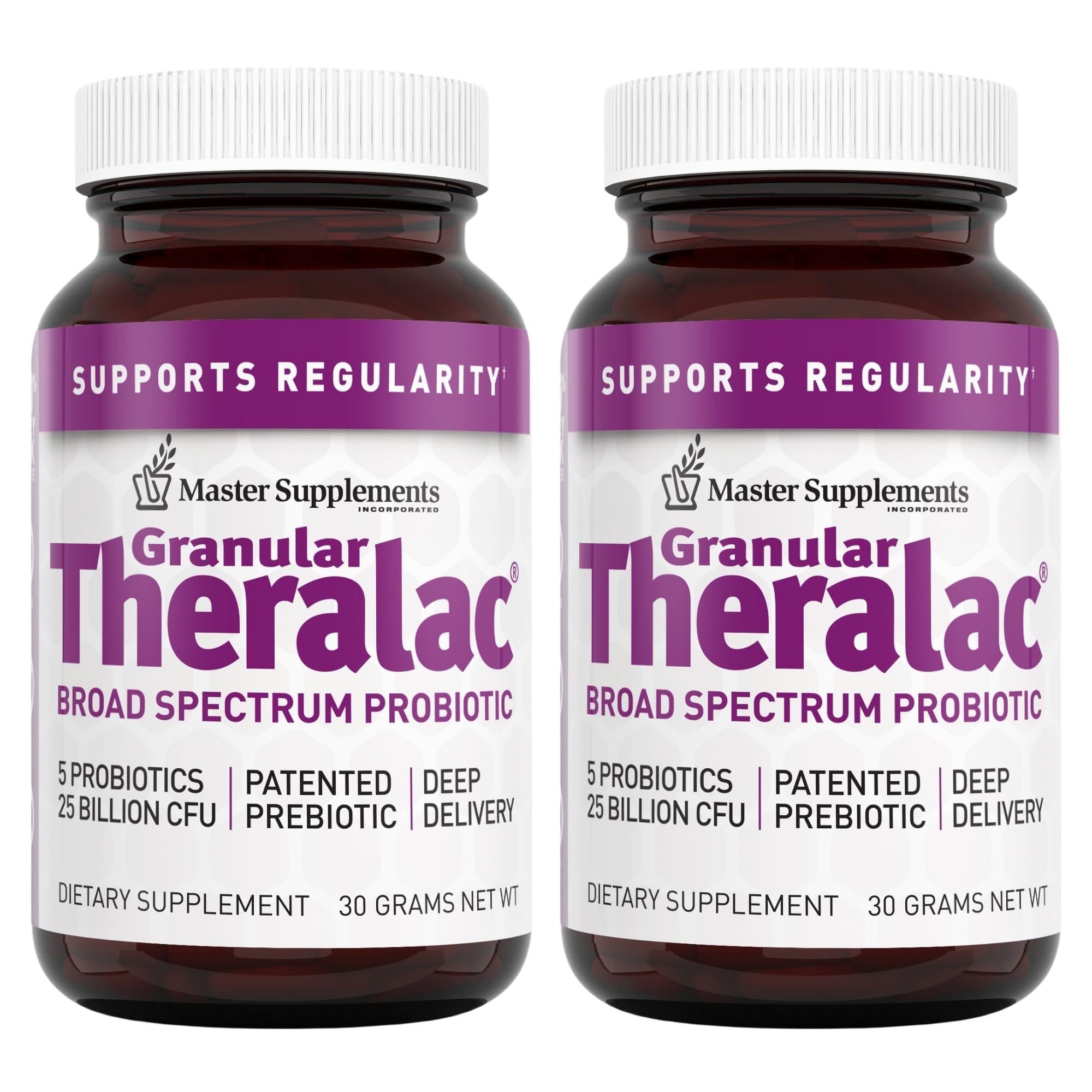 Master Supplements Granular Theralac two-bottle pack for convenient daily probiotic support.