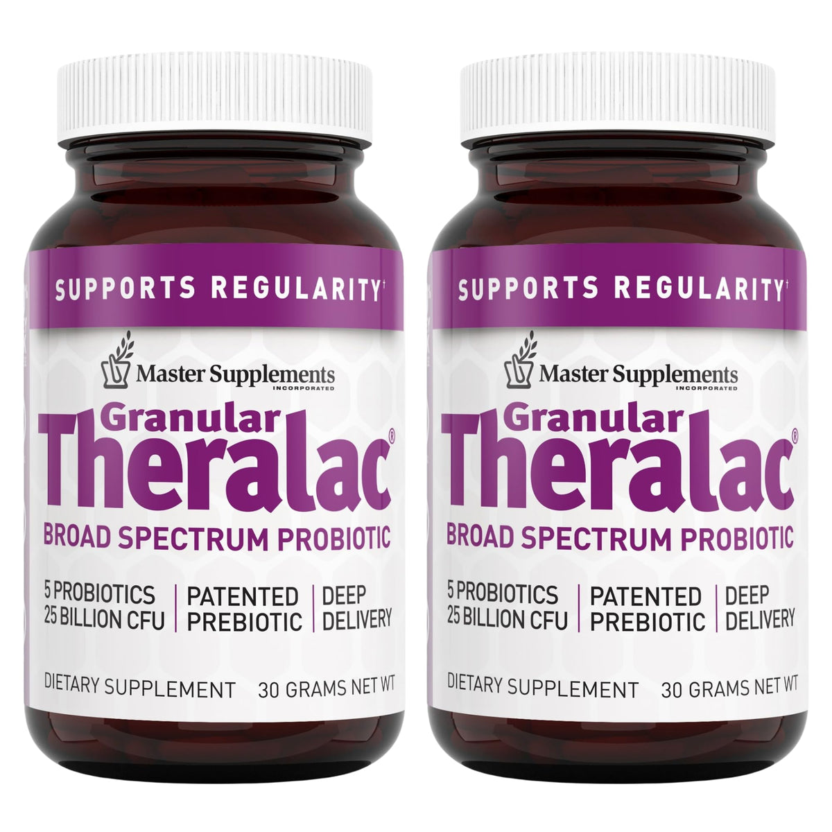 Master Supplements Granular Theralac two-bottle pack for convenient daily probiotic support.