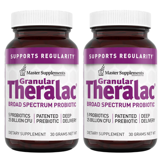 Master Supplements Granular Theralac two-bottle pack for convenient daily probiotic support.