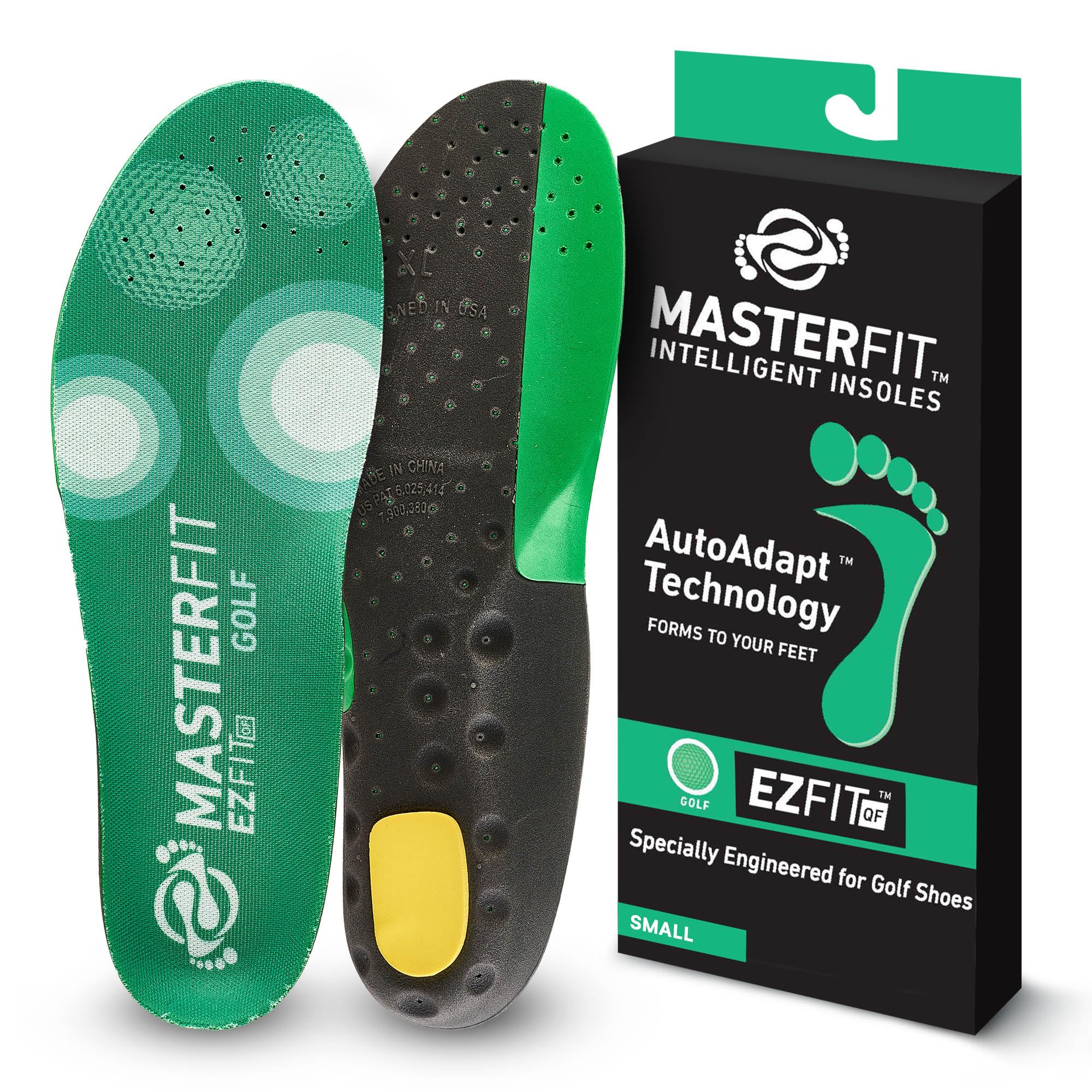 MASTERFIT EZQF insole with deep heel cup stabilizes your golf stance