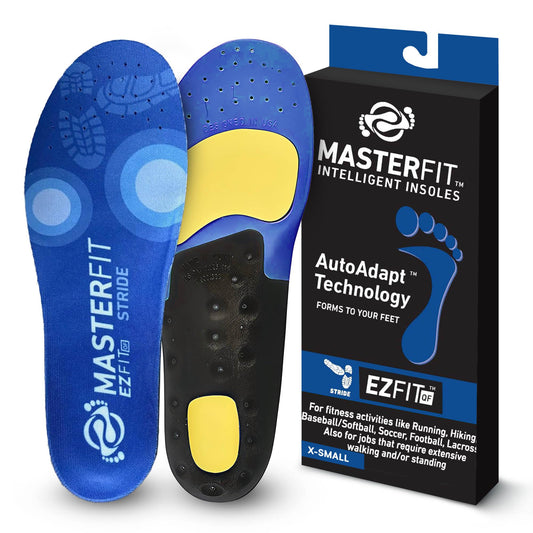 MASTERFIT EZQF Stride insoles in a shoe, showcasing secure low-volume fit for stability.
