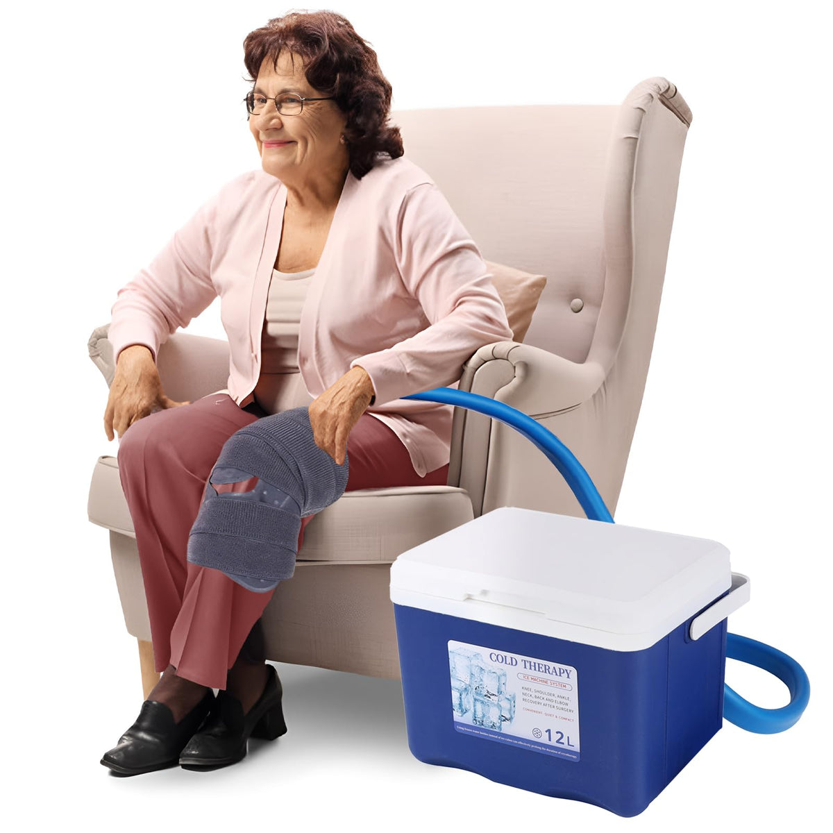 Mathgetin cold therapy machine with knee pad delivers targeted cooling for post surgery comfort.