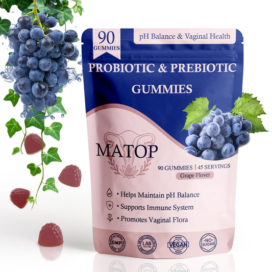 MATOP bottle with gummies for daily feminine wellness and pH balance.