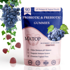 MATOP bottle with gummies for daily feminine wellness and pH balance.