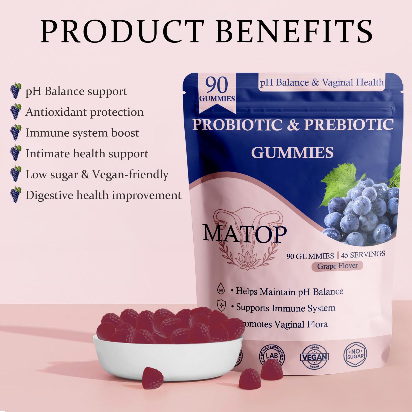 MATOP grape-flavored gummies close-up highlighting tasty, sugar-free support.