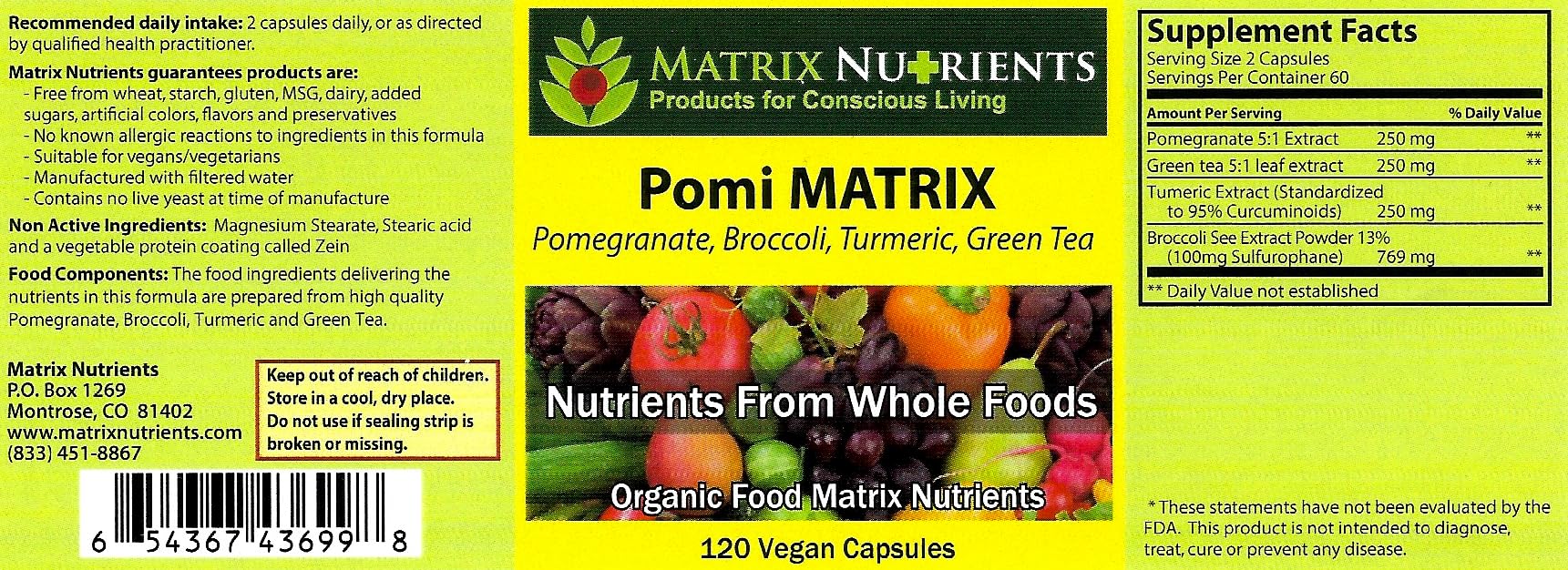 Matrix Nutrients POMI Matrix bottle back label highlights organic ingredients and quality manufacturing.