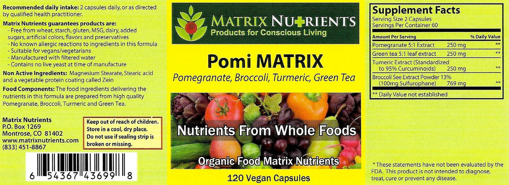 Matrix Nutrients POMI Matrix bottle back label highlights organic ingredients and quality manufacturing.