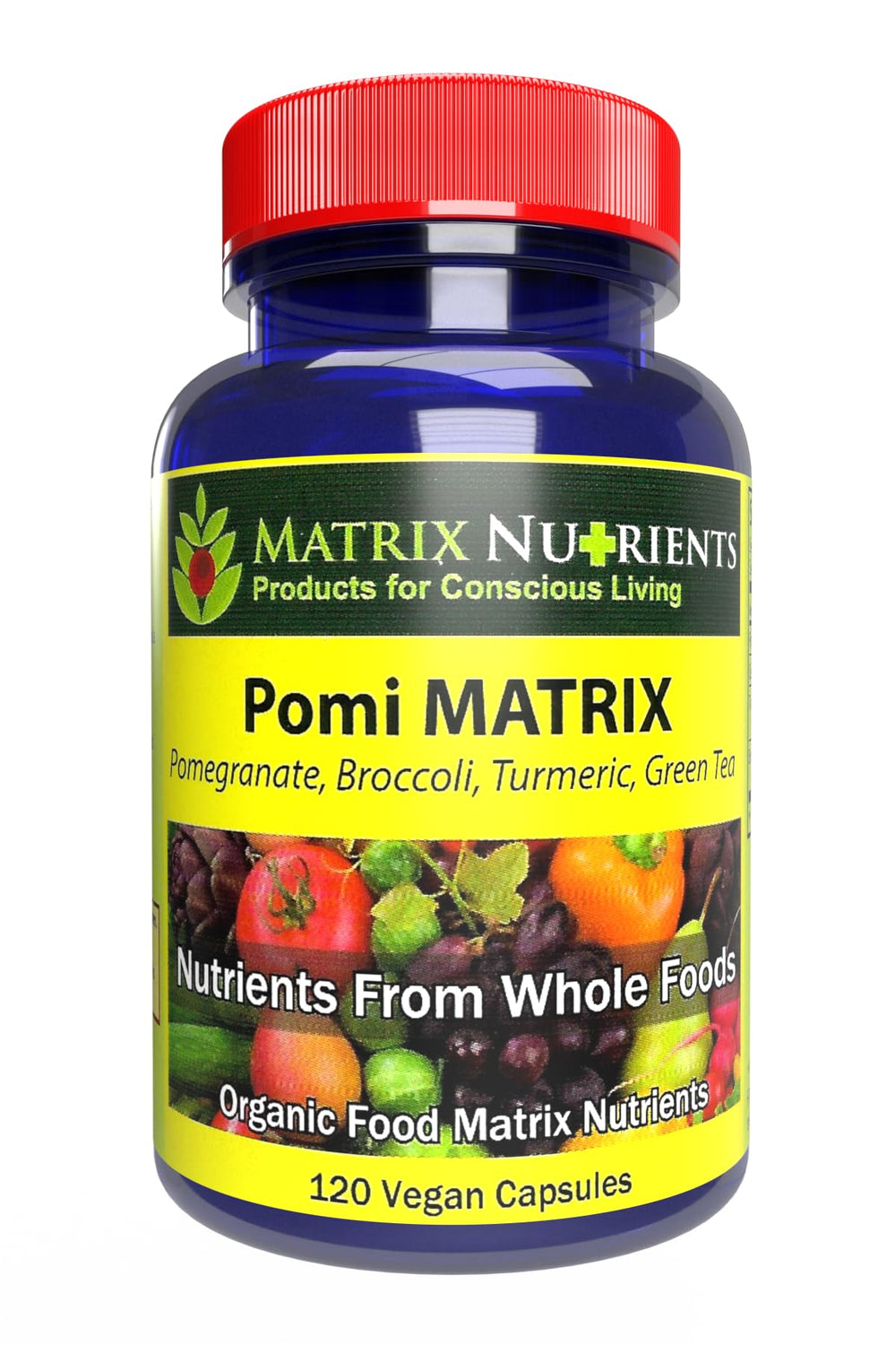 Matrix Nutrients POMI Matrix bottle front with 120 vegan capsules for daily prostate support.