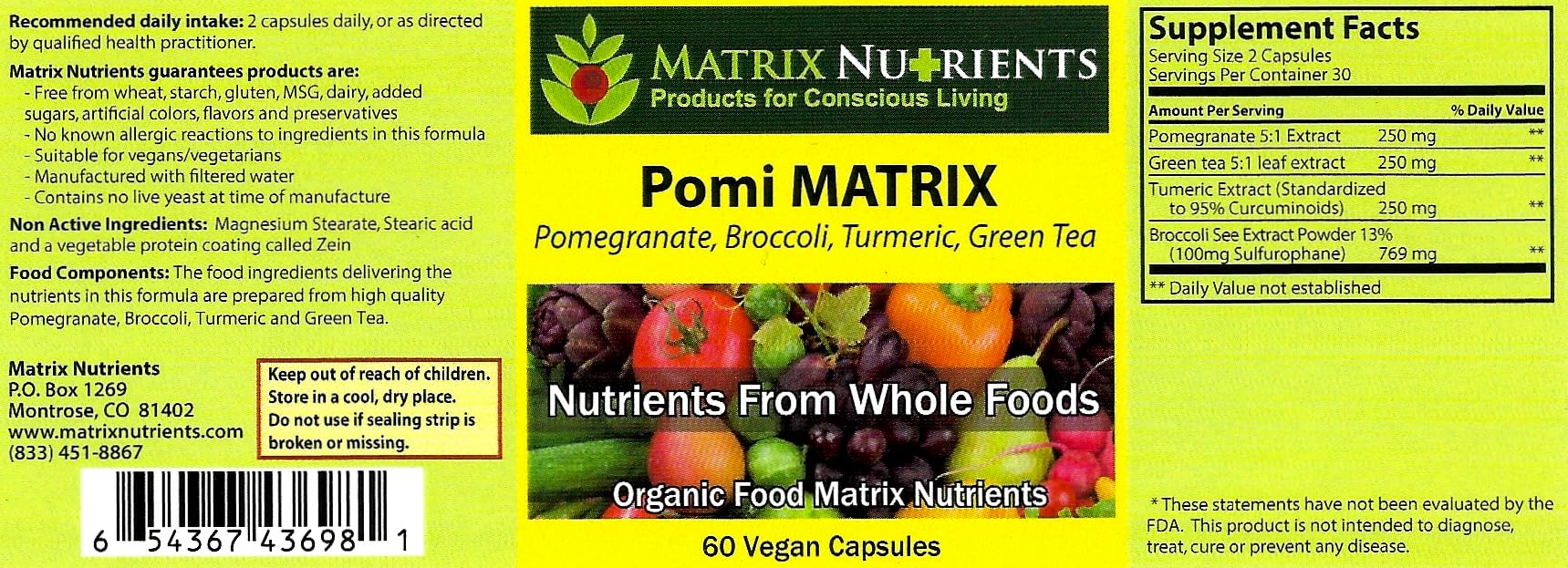 Matrix Nutrients Pomi Matrix ingredients panel highlights natural blend for daily wellness.