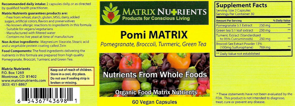 Matrix Nutrients Pomi Matrix ingredients panel highlights natural blend for daily wellness.